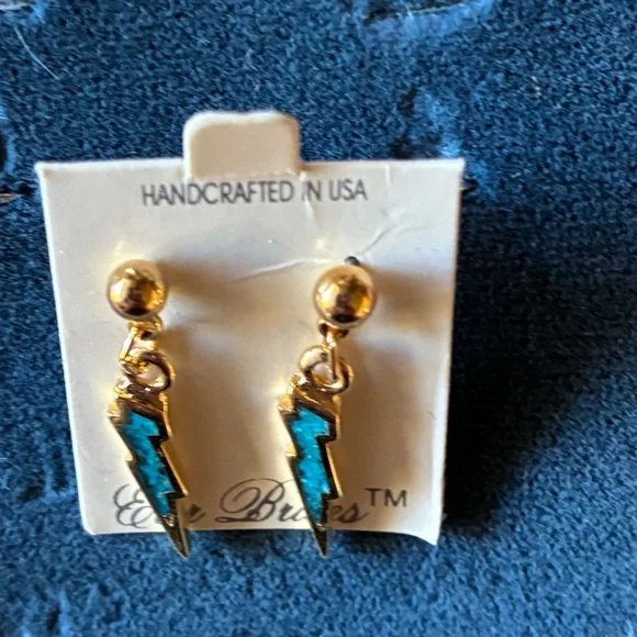 Gold Lightning Bolt Drop Earrings with Turquoise Inlay - Picture 4 of 6